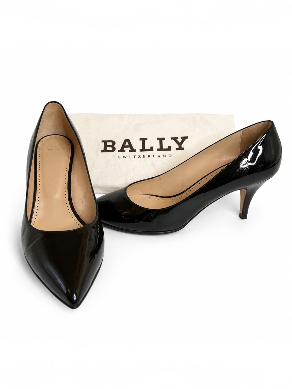 Bally Black Patent Leather Pointed-Toe Kitten Heel Pumps